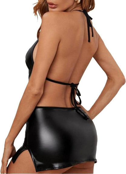 Frauen Sexy Leder Wetlook Partykleid V-Ausschnitt Reizwäsche Nachtwäsche XL
