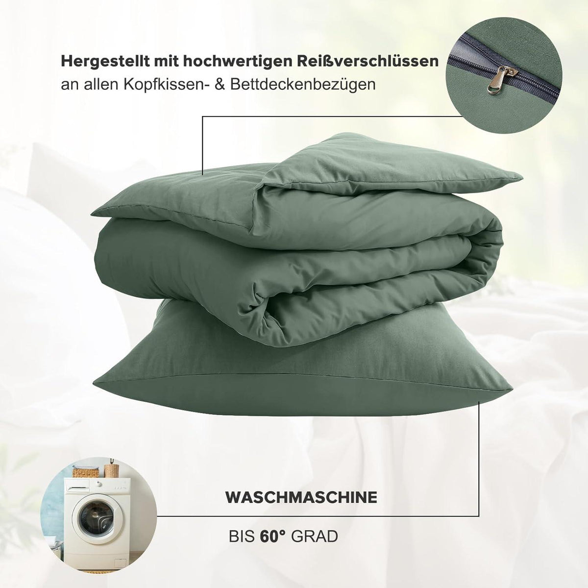 Bettwäsche 135x200 Mikrofaser Salbei Grün - 2 teilig Kuschelig weich