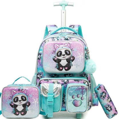 Kinder Trolley Rucksack Panda – Schultasche mit Rollen & Lunchpaket