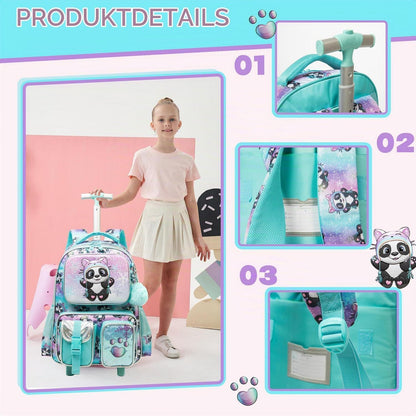Kinder Trolley Rucksack Panda – Schultasche mit Rollen & Lunchpaket