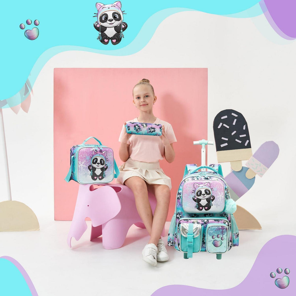 Kinder Trolley Rucksack Panda – Schultasche mit Rollen & Lunchpaket