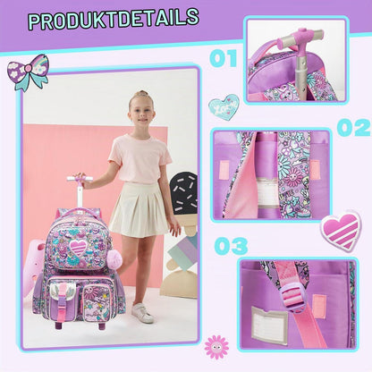 Schulranzen Trolley Mädchen Rosa Herz – Kinder Rucksack mit Rollen