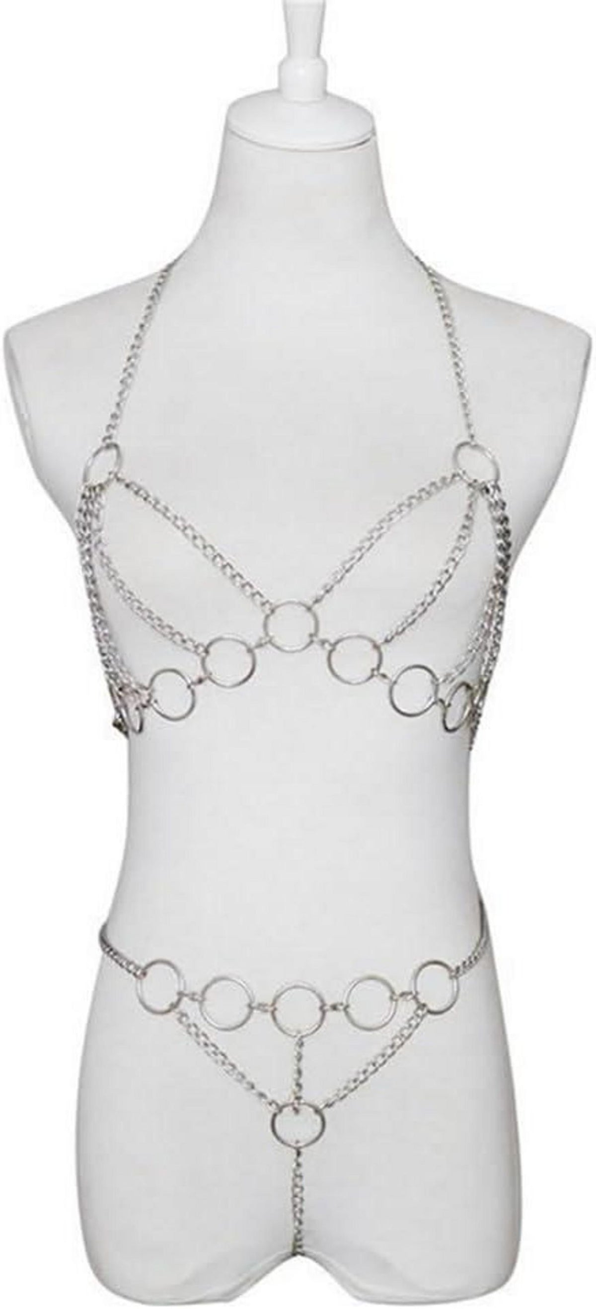 Moinha Frauen Sexy Metallkette Cupless BH Body Harness Set