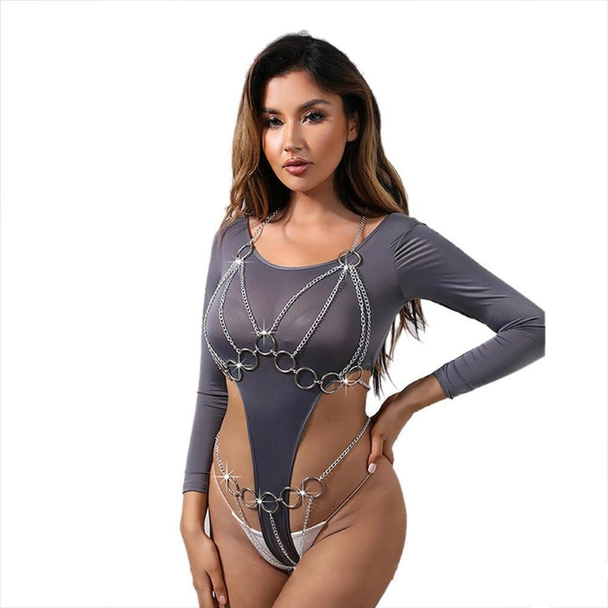 Frauen Sexy Body Harness Metallkette Vest G-String Bikini Set Open Cup