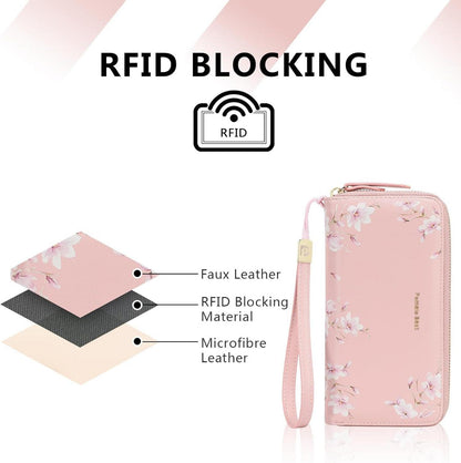 Damen Geldbörse groß Langformat RFID Blockierung Blumen Rosa