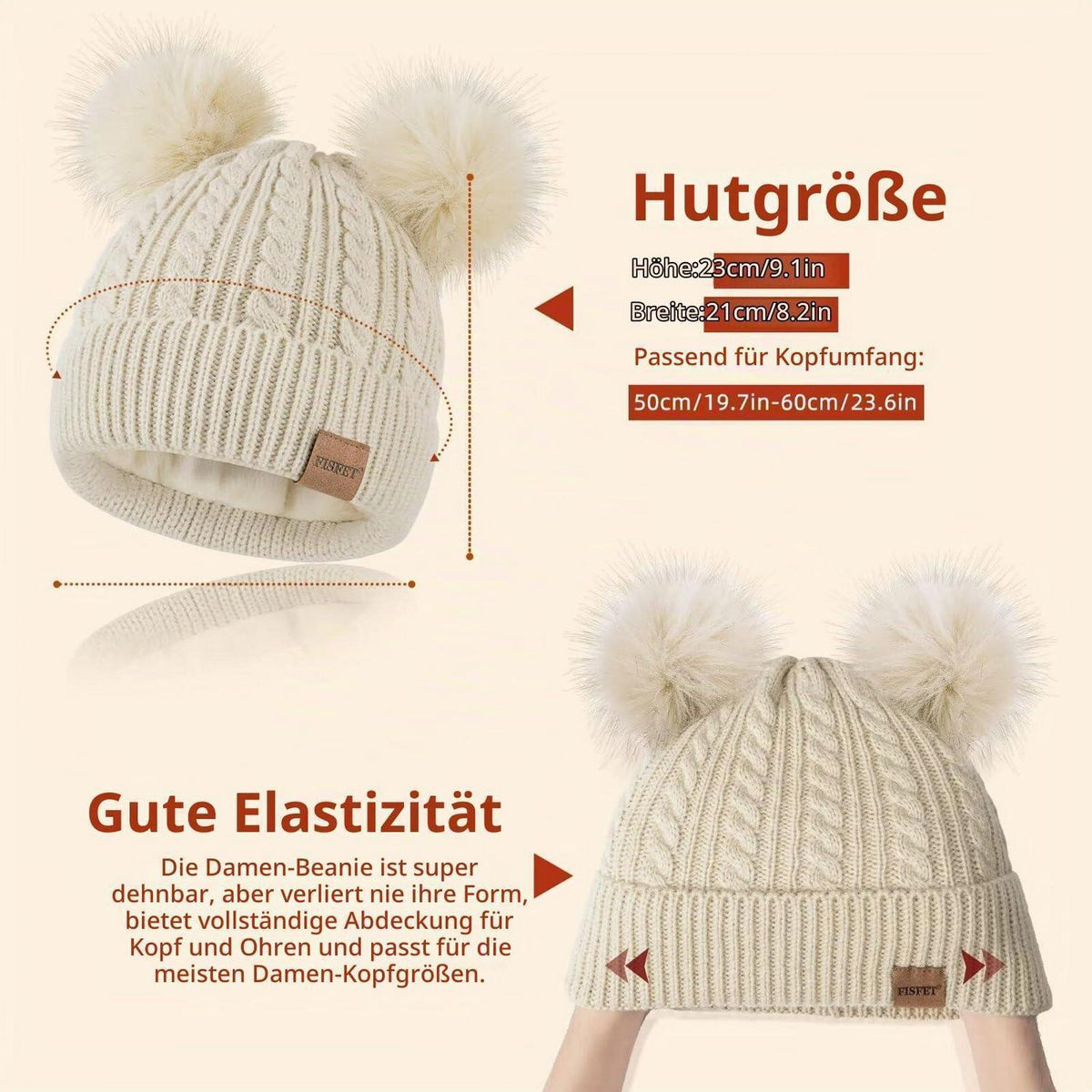 Damen Wintermütze mit Doppelbommel, warme Strick Beanie mit Fleece-Futter Grau