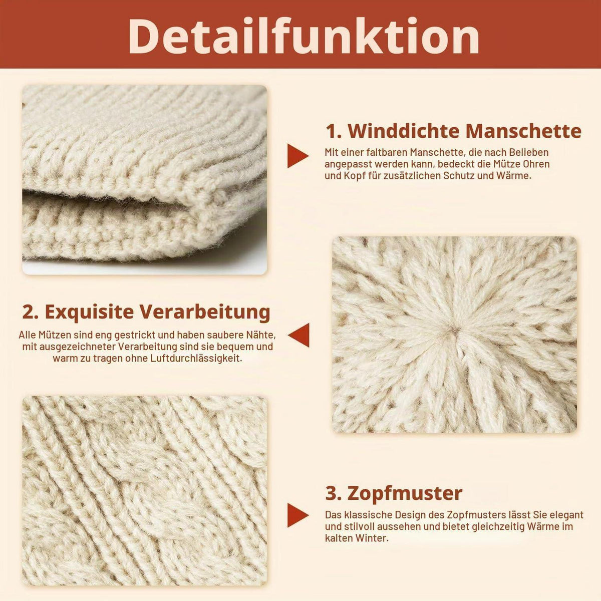 Damen Wintermütze mit Doppelbommel, warme Strick Beanie mit Fleece-Futter Grau