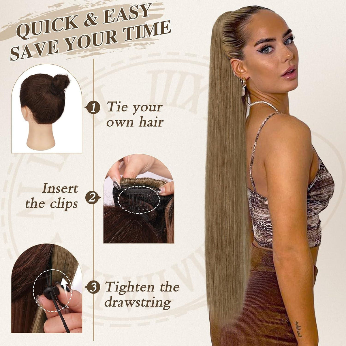 Lang Glattes Pferdeschwanz Haarverlängerung 86CM Braun Synthetik für Damen