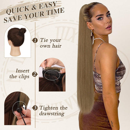 Lang Glattes Pferdeschwanz Verlängerung 76CM Braun Synthetik Clip Zopf Damen