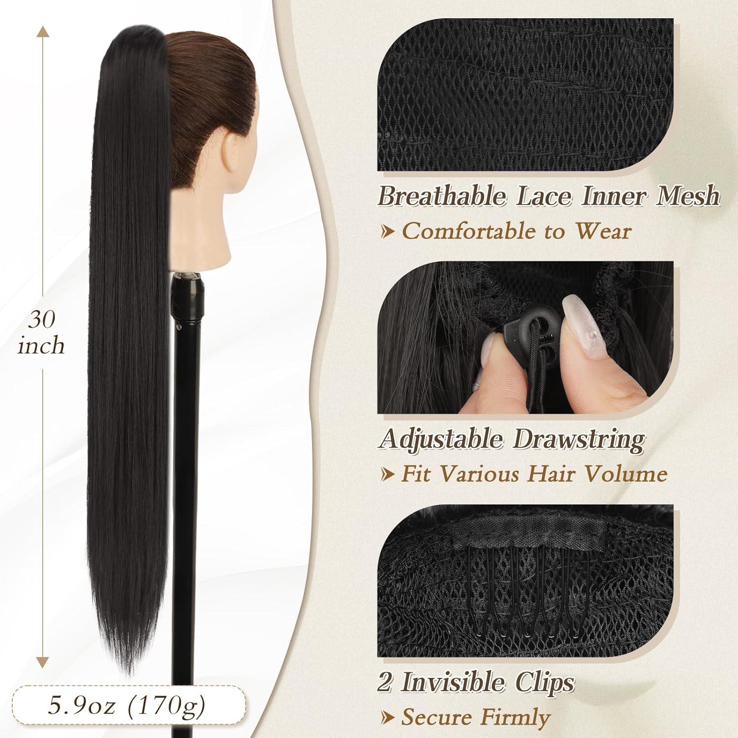 Lang Glattes Pferdeschwanz 76CM Schwarz Braun