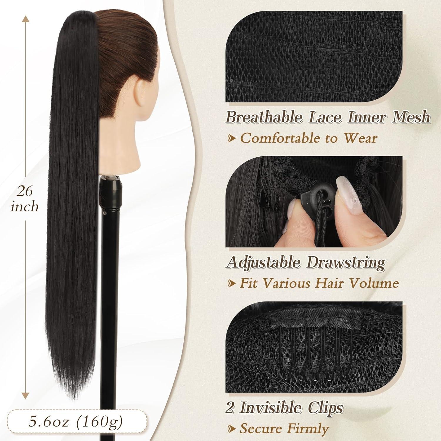 BARSDAR Lang Glattes Pferdeschwanz 66CM Schwarz Braun