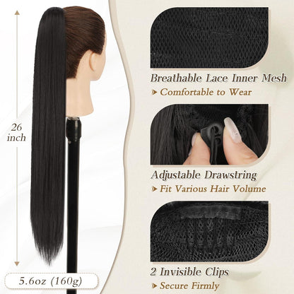 BARSDAR Lang Glattes Pferdeschwanz 66CM Schwarz Braun