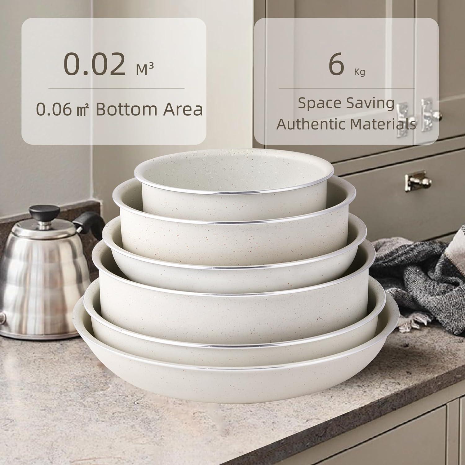 Induktion Töpfe und Pfannen Set mit abnehmbaren Griffen, Antihaft Granit Kochgeschirr-Set, Silikon Deckeln, Platzsparend Topf- & Pfannensets 18 teilig