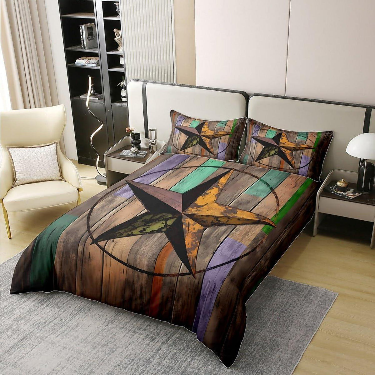 Rustikale Baumwoll Bettwäsche Set 155x220cm – Sternenmuster Vintage