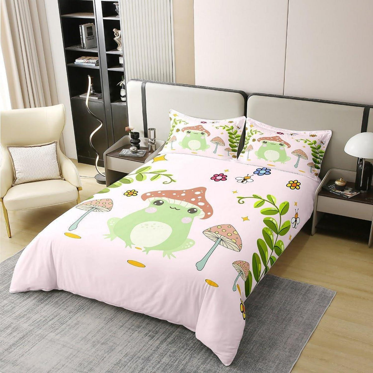 Süße Frosch & Pilz Bettwäsche Set 155x220cm Baumwolle