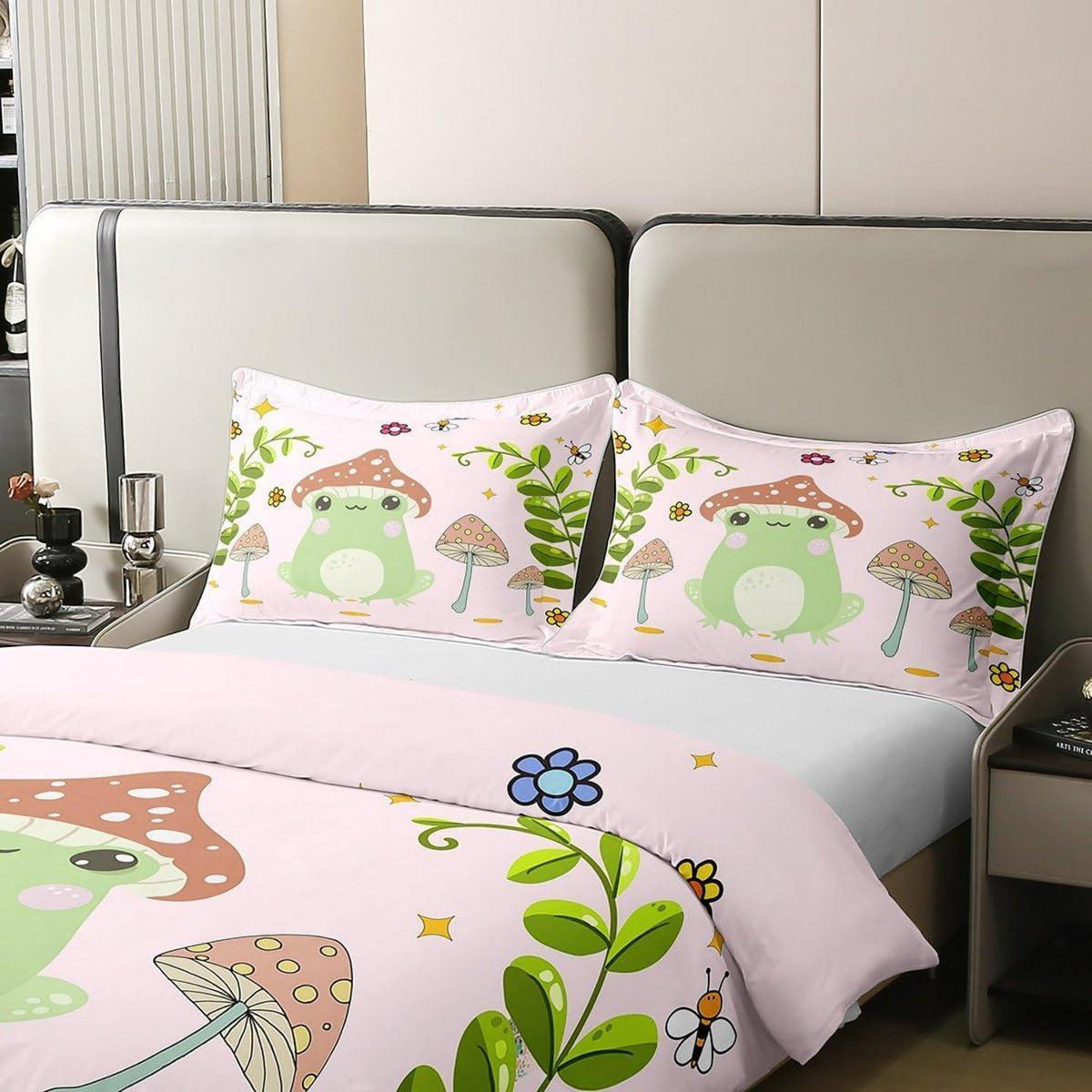Süße Frosch & Pilz Bettwäsche Set 155x220cm Baumwolle