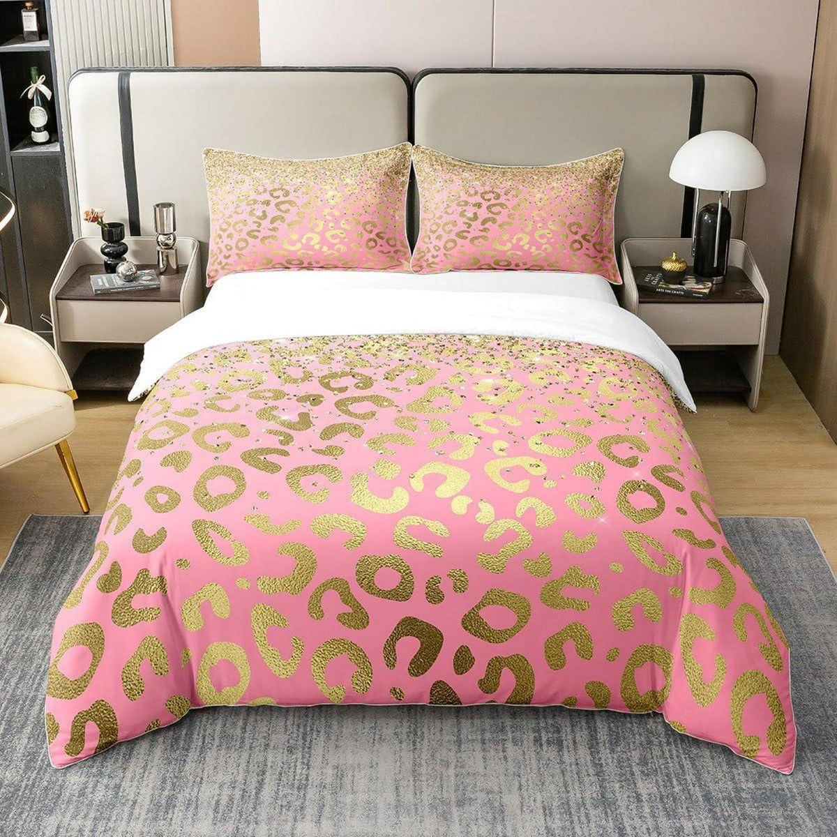 Leopard Bettwäsche Set 200x200cm Baumwolle Pastell Gold