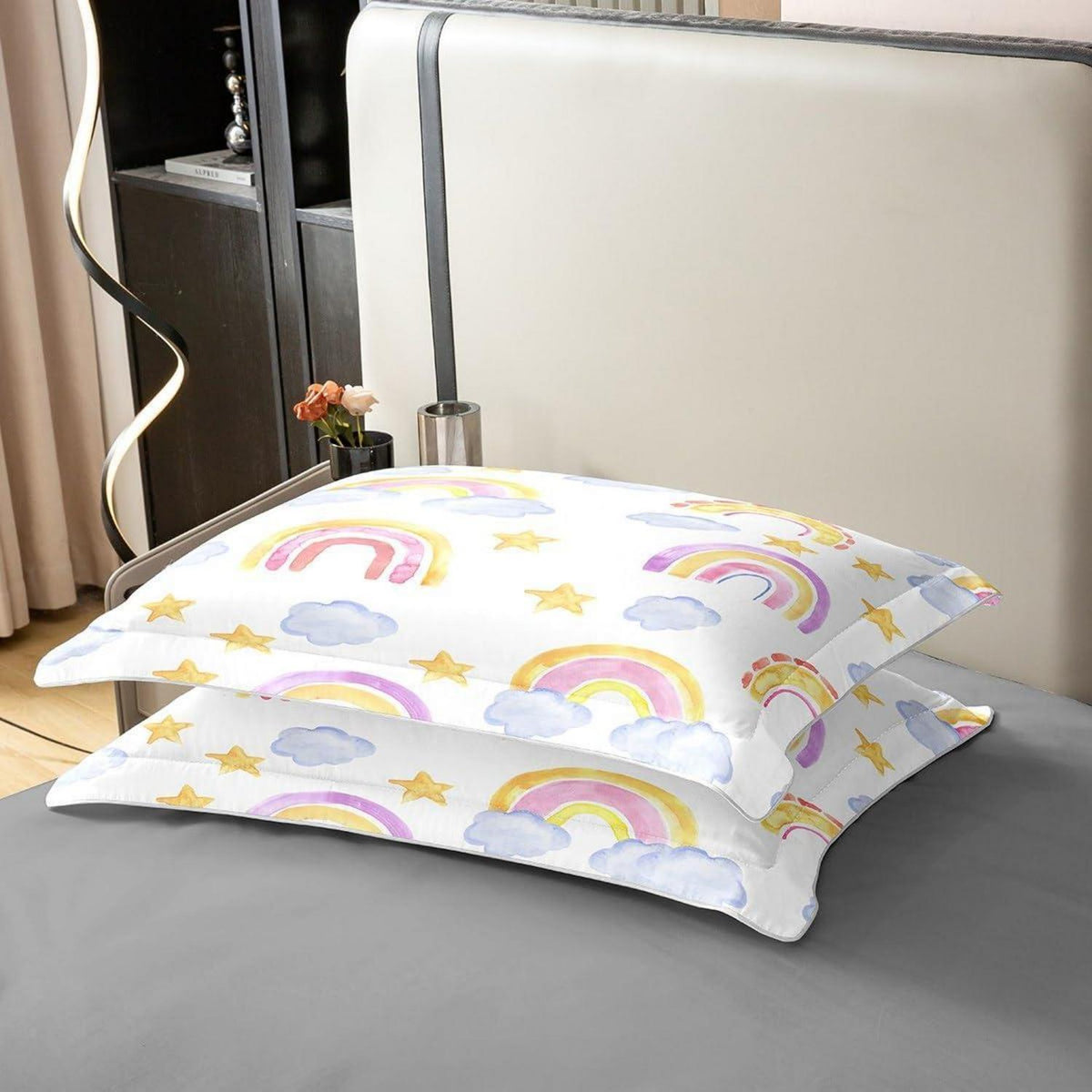 Regenbogen Bettwäsche Set 220x240cm Baumwolle Wolken Sterne Kinderzimmer