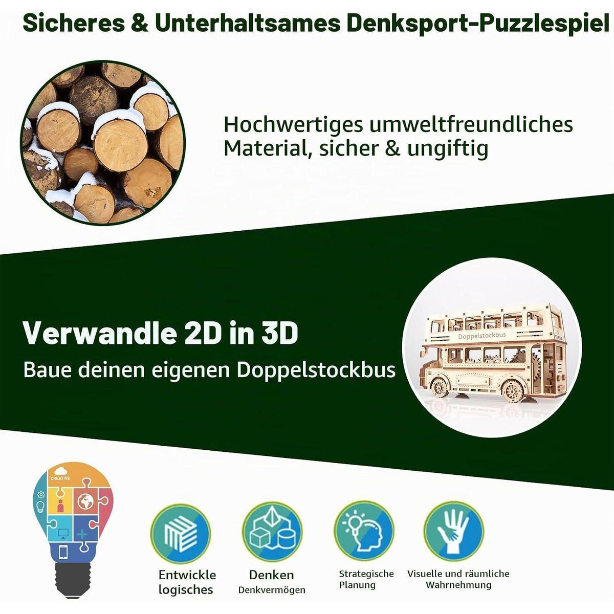 3D Puzzle Doppeldeckerbus Holzbausatz mit Motor & Getriebe