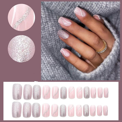 24 Stück Rose Glitter Nägel Zum Aufkleben Kurz Weiß Swirl Eckig Press on Nails Pattern Glossy Kunstnägel Frauen