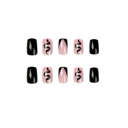 24 Stück Schwarze Press on Nägel mit Snake Pattern, Glossy