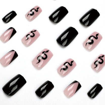 24 Stück Schwarze Press-on Nägel mit Snake Pattern, Kunstnägel