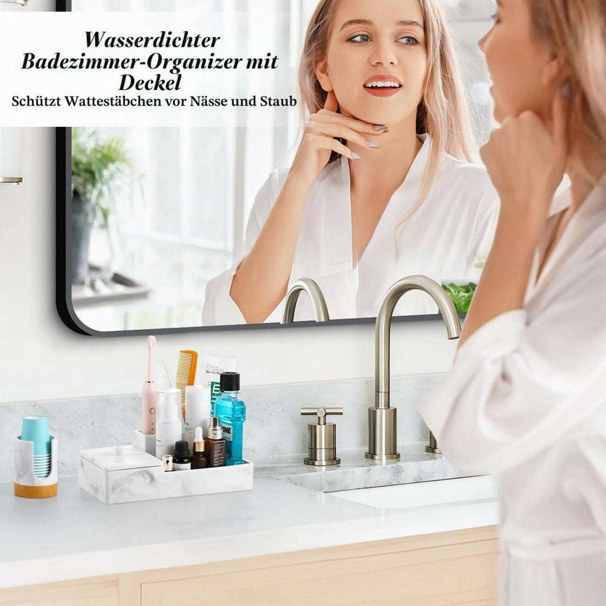 Waschtisch Organizer mit Deckel – 6 Fächer, Kiesweiß
