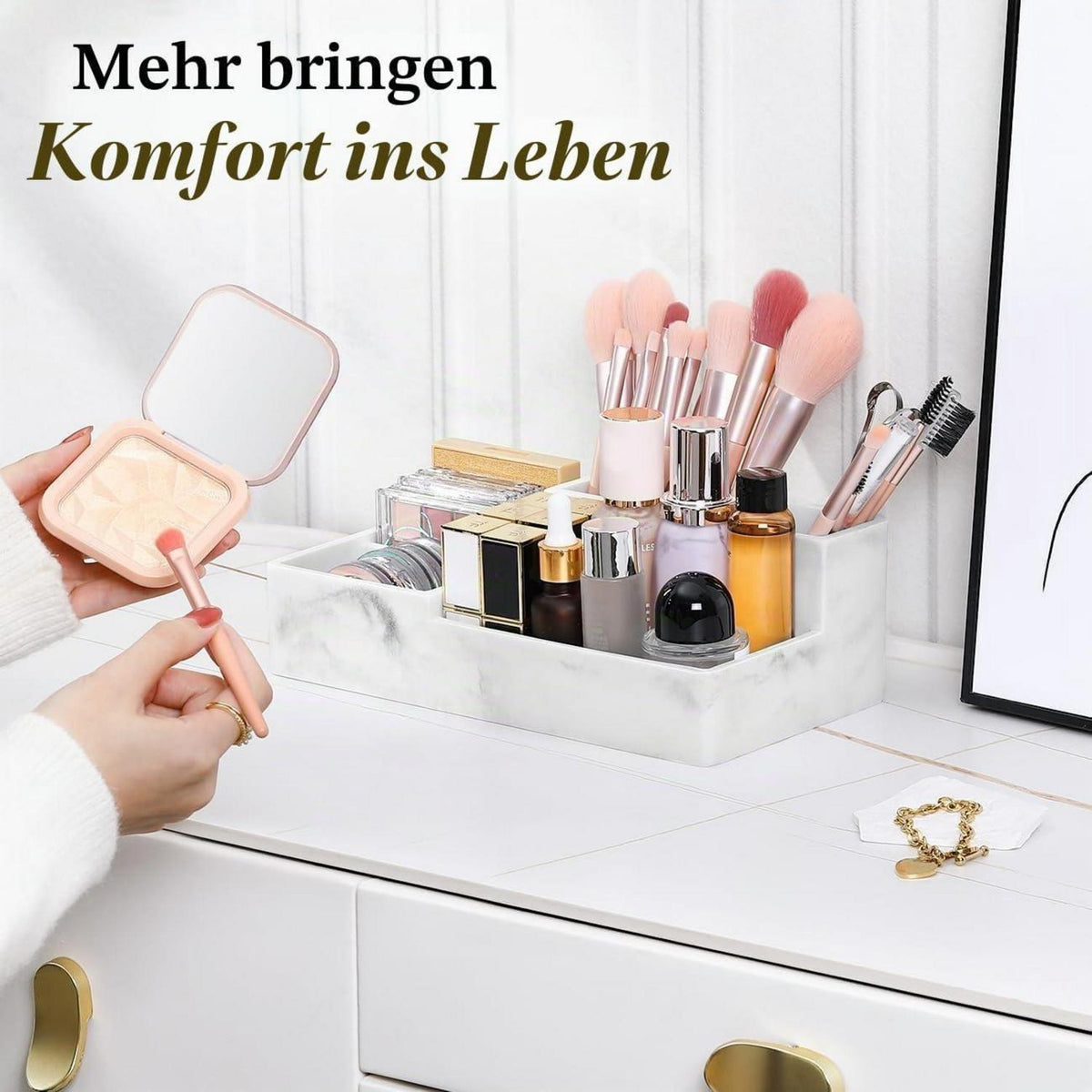 Waschtisch Organizer mit Deckel – 6 Fächer, Kiesweiß