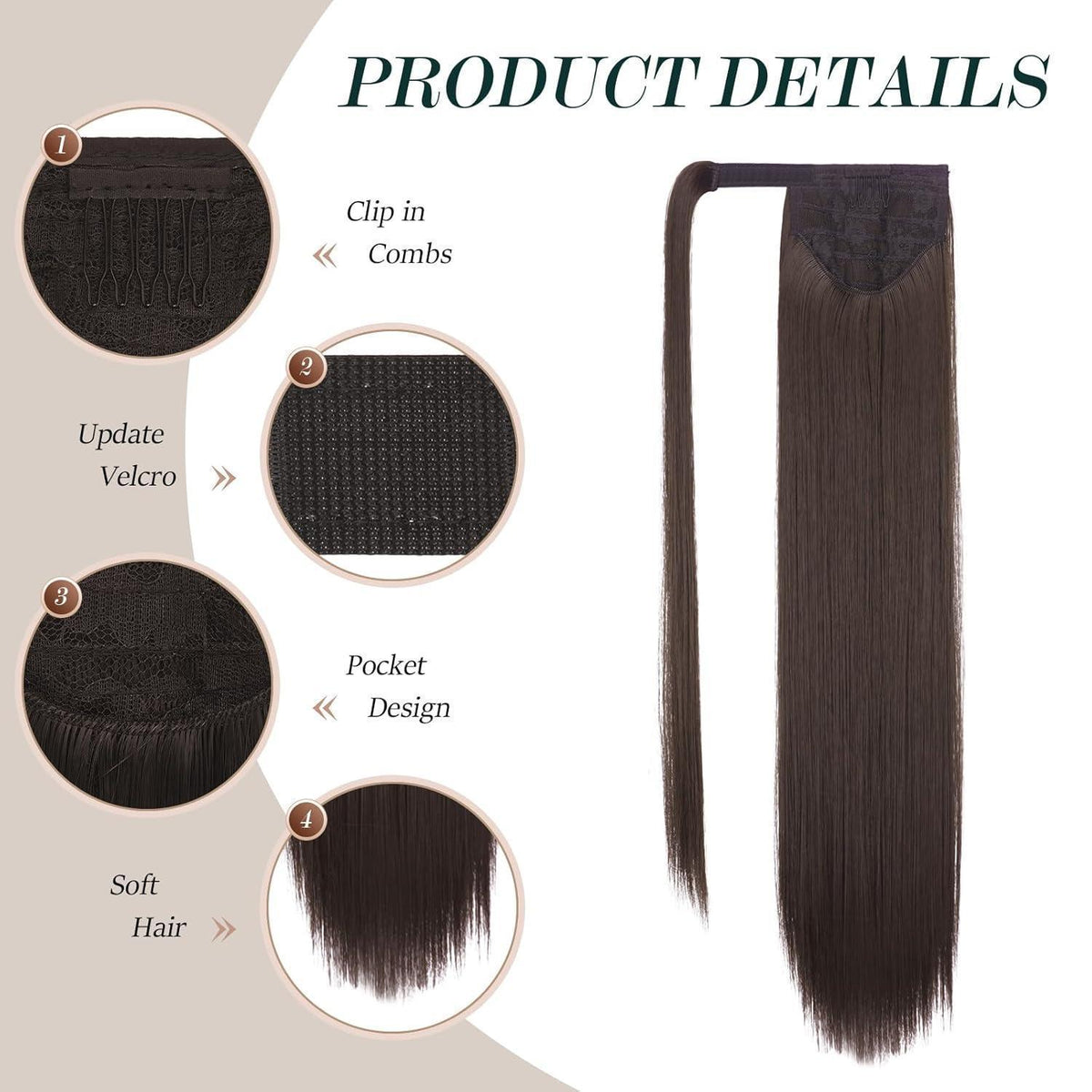 Langer glatter Pferdeschwanz Zopf Haarverlängerung Braun 60cm
