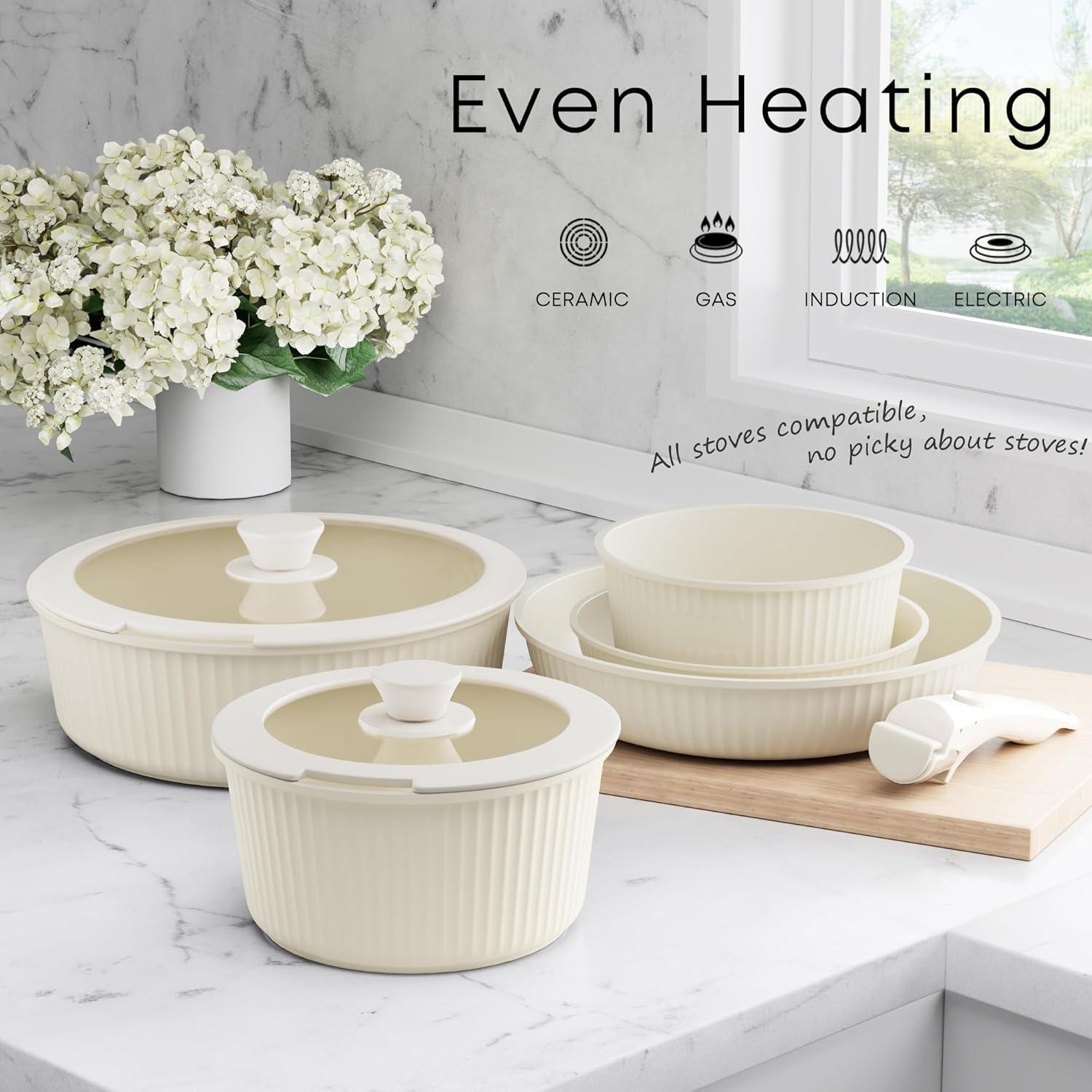 Induktion Kochgeschirr-Set mit Granit Antihaftbeschichtung 16-teilig Cream White