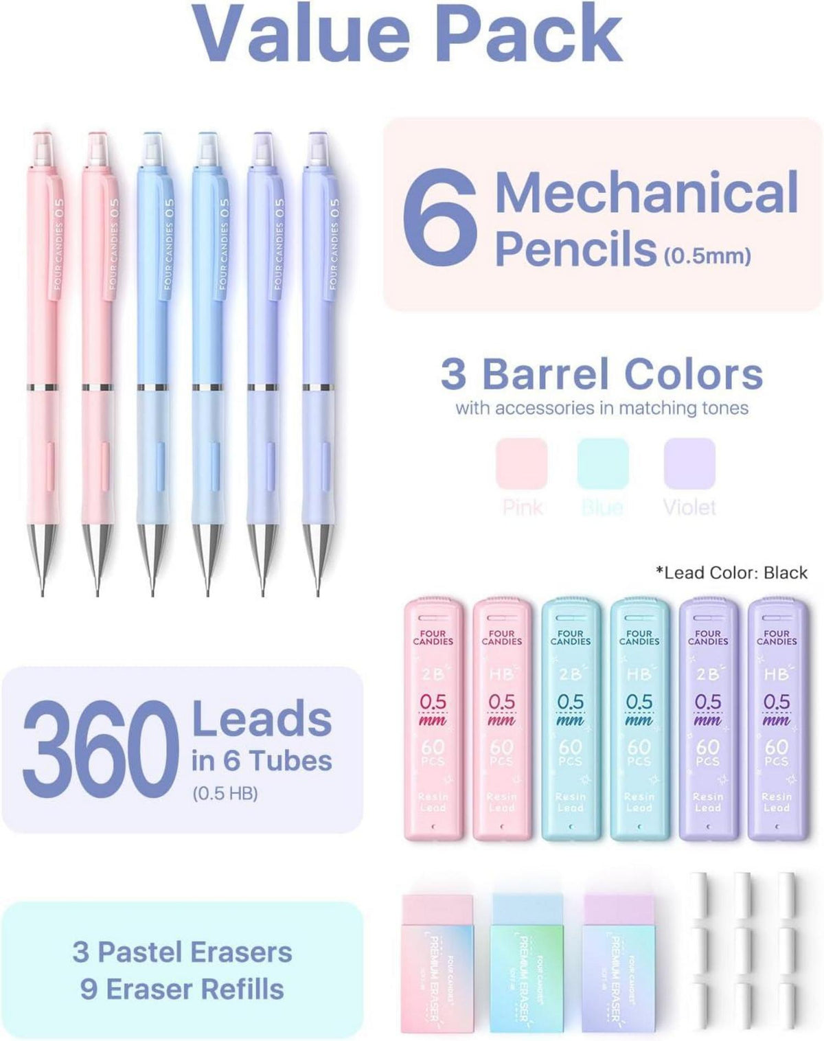 Druckbleistift Set 0.5mm 6PCS Niedliche Bleistifte 360 Minen