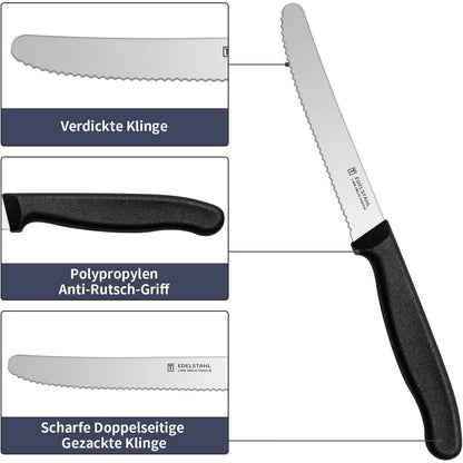 12er Set Wellenschliff Tafelmesser aus Edelstahl, Schwarz