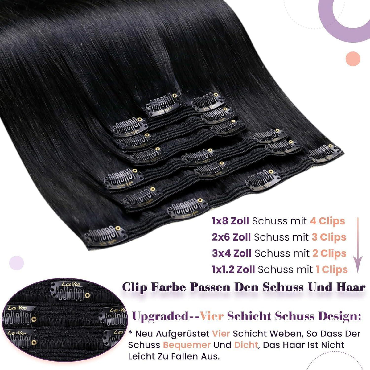 Echthaar Clip-in Extensions Schwarz – 45cm, 120g
