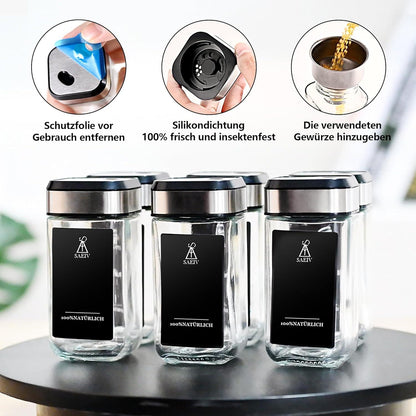 360° Drehbare Gewürzdosen Set 6 Gewürzdosen 20 Etiketten 120ml Glassatz