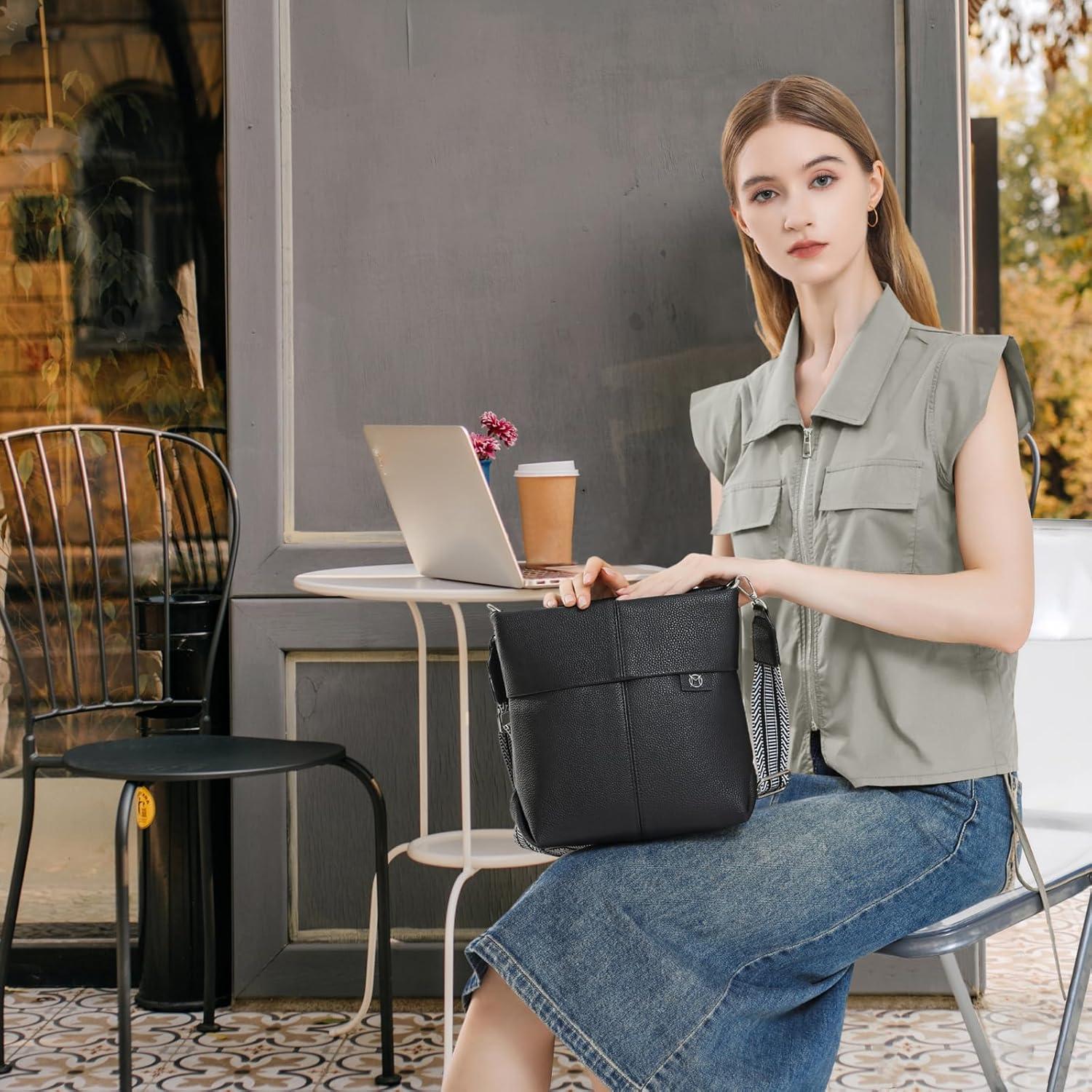 Umhängetasche Damen Schwarz PU Leder Crossbody Bag 2 Gurt