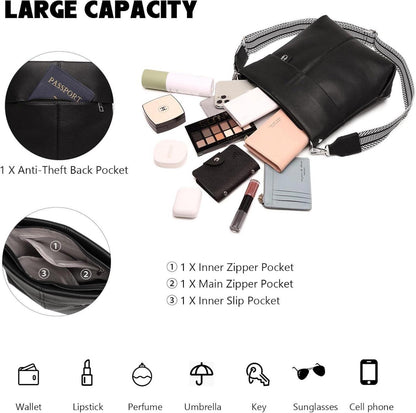 Myhozee Umhängetasche Damen Schwarz Crossbody Bag PU Leder 2 Gurt