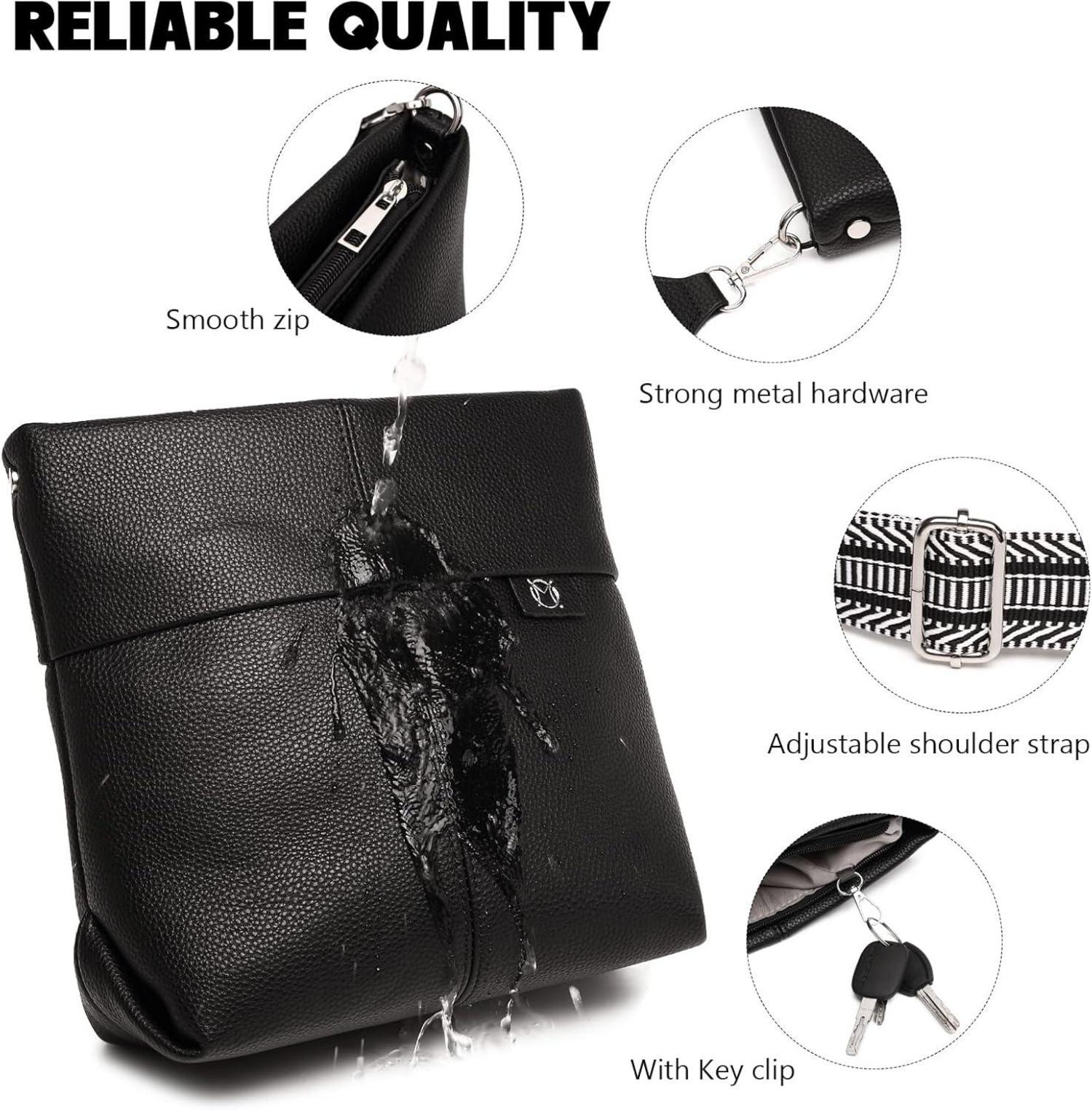Damen Umhängetasche Schwarz Mittelgroß PU Leder Crossbody Tasche 2 Gurt