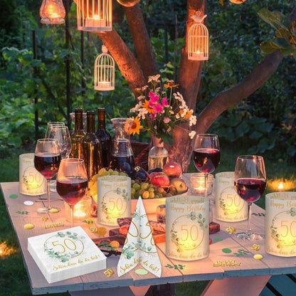 50. Geburtstag Deko Set Eukalyptus Servietten Windlicht Konfetti Grün