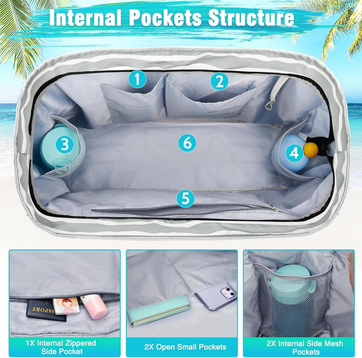 Wasserdichte XXL Strandtasche Damen mit Reißverschluss & 13 Taschen