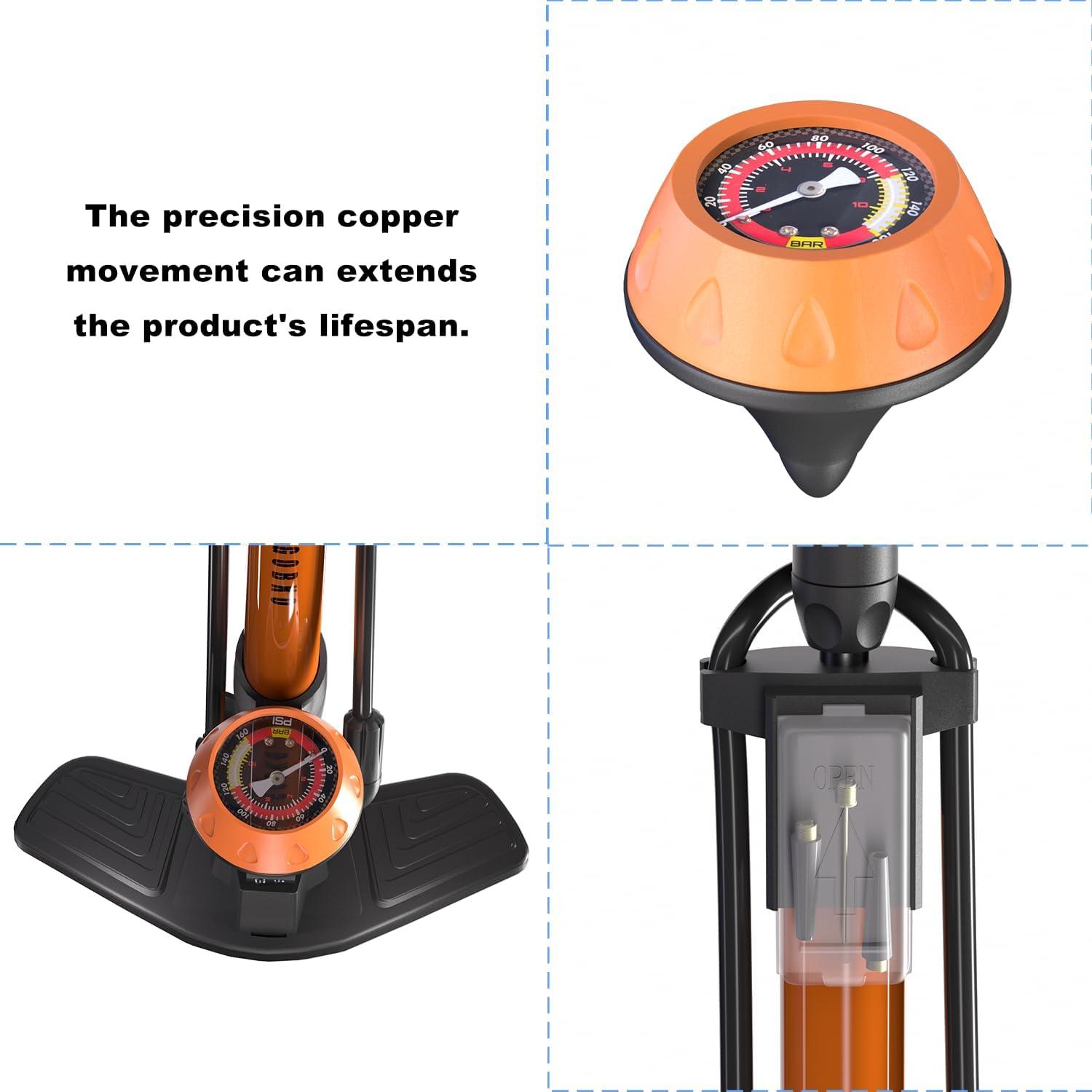 Fahrrad-Standpumpe mit Manometer, Presta & Schrader, Hochdruck 160 Psi