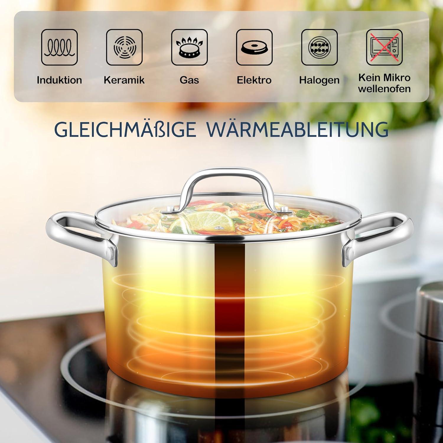 Kochtopf 20cm 3-Lagiger Boden Glasdeckel Induktion 3,3L