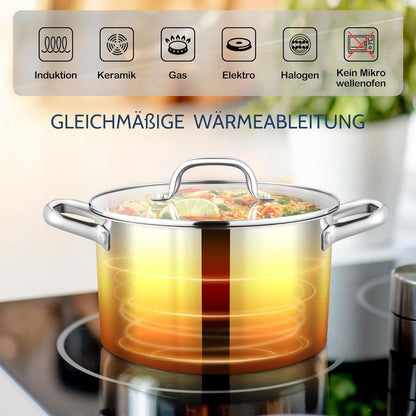 Kochtopf 20cm 3-Lagiger Boden Glasdeckel Induktion 3,3L