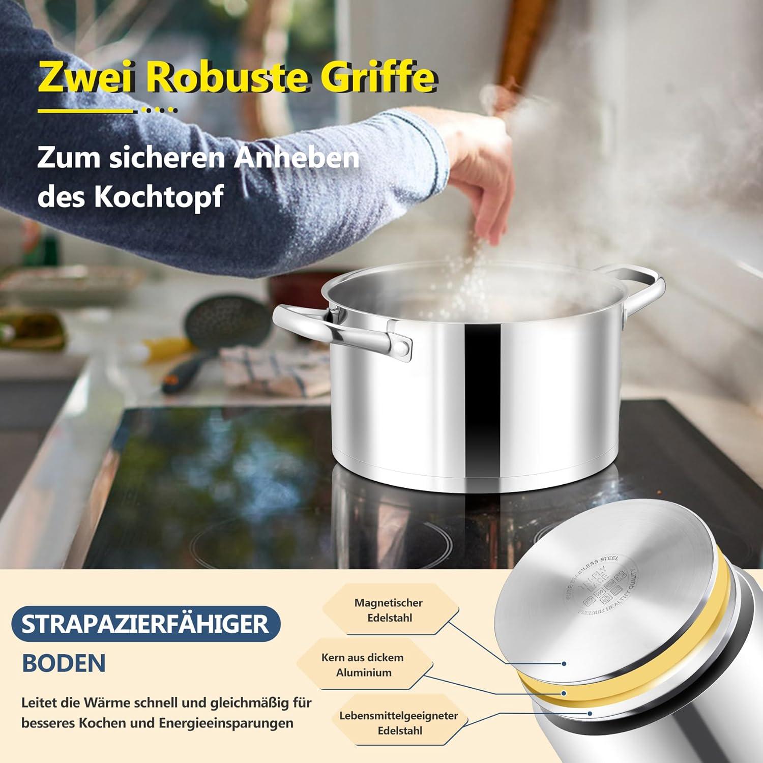 Joyfair 20cm Kochtopf 3-Lagiger Boden Glasdeckel Induktion 3,3L