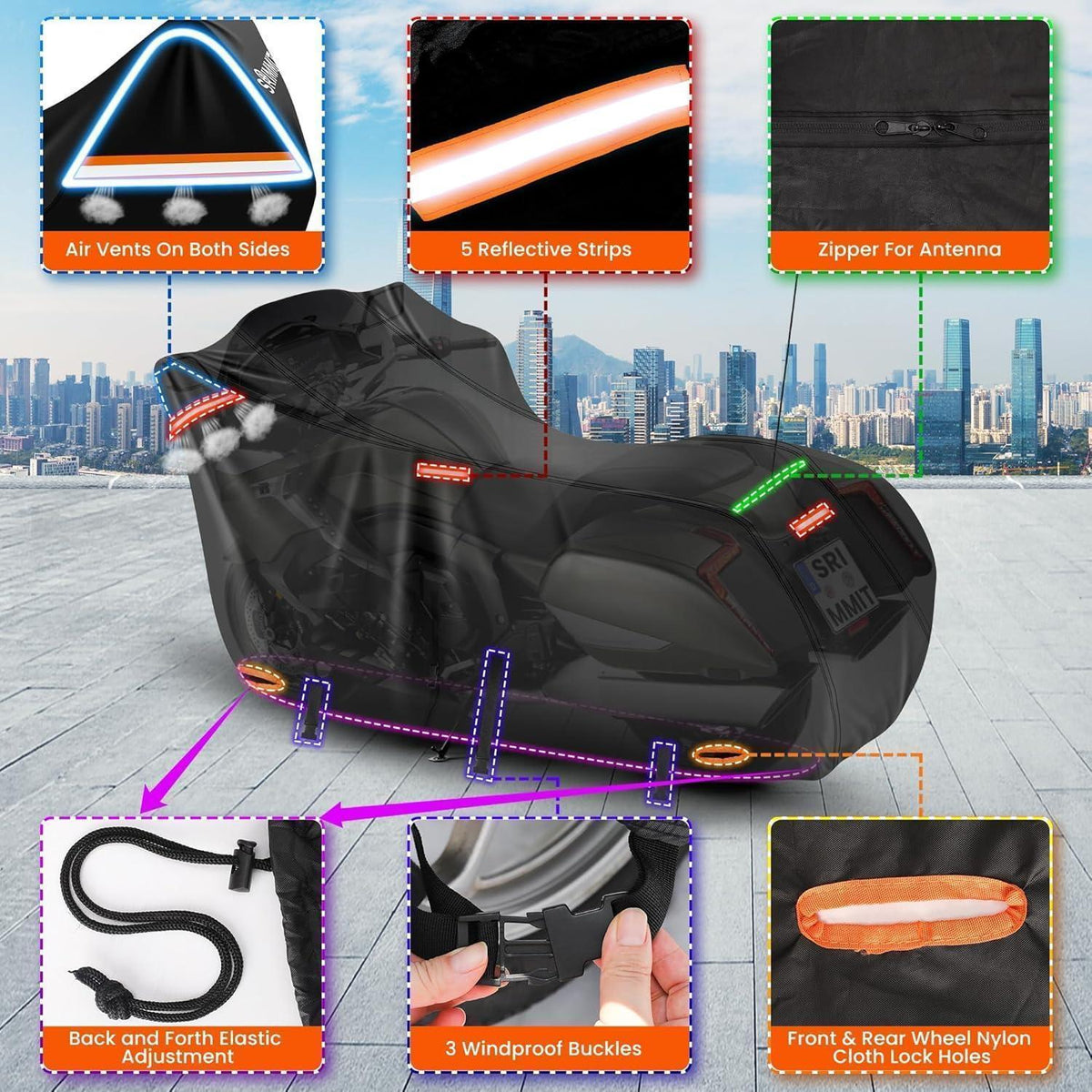 Wasserdichte Motorrad Abdeckung 420D Heavy Duty Schwarz-Orange 2XL