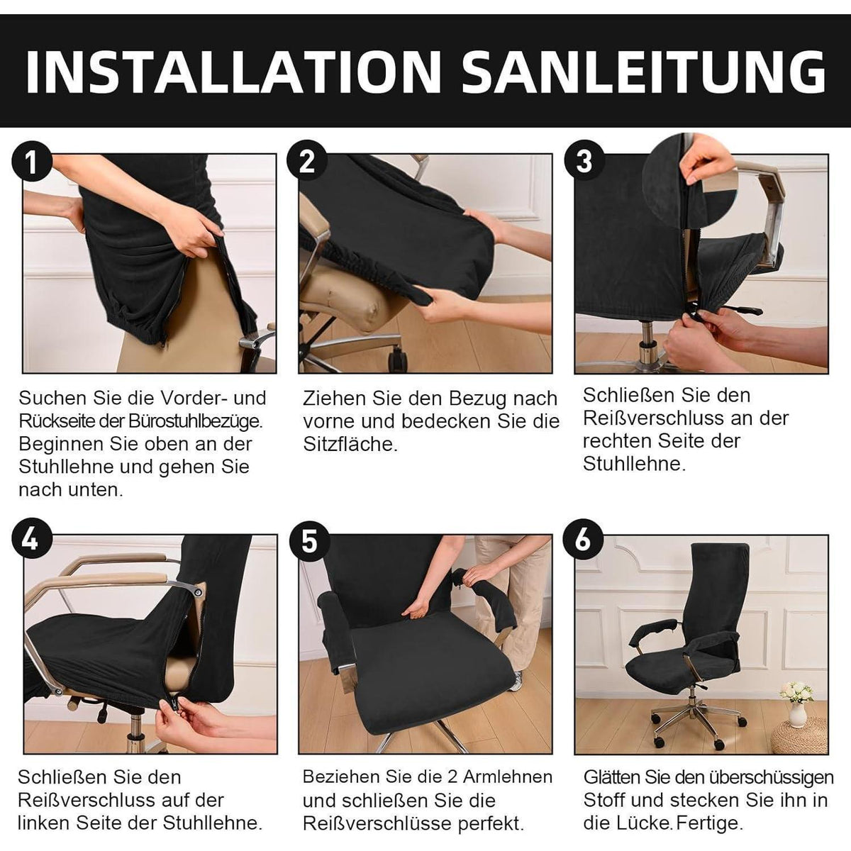 Samt Bürostuhlbezug mit Armlehne, X-Large Schwarz