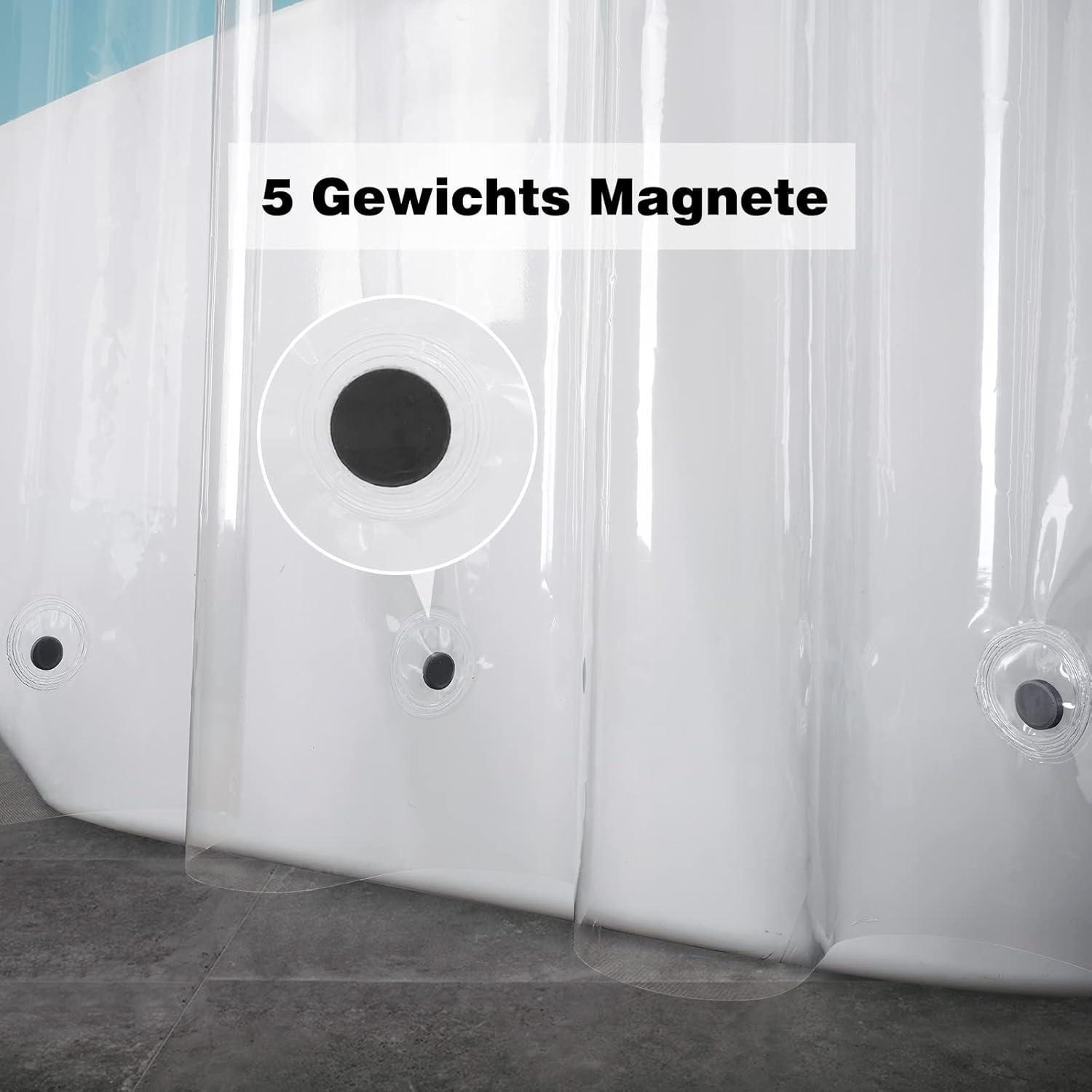 Duschvorhang 180x180 PEVA Transparent Magnete Anti Schimmel Wasserdicht, 12 Haken