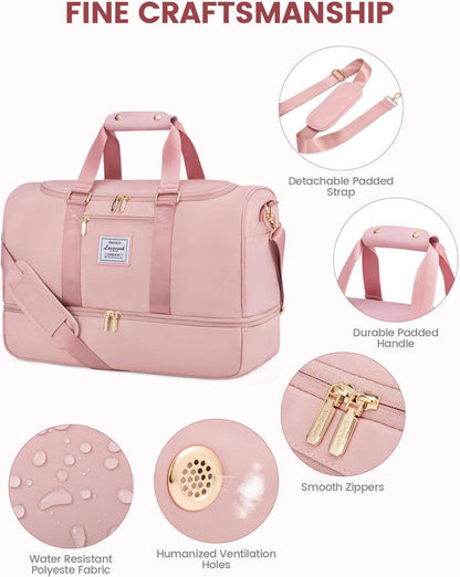 LOVEVOOK Reisetasche 50L Sporttasche für Damen, Handgepäck Weekender mit Schuhfach, Nassfach, wasserdicht, Rosa