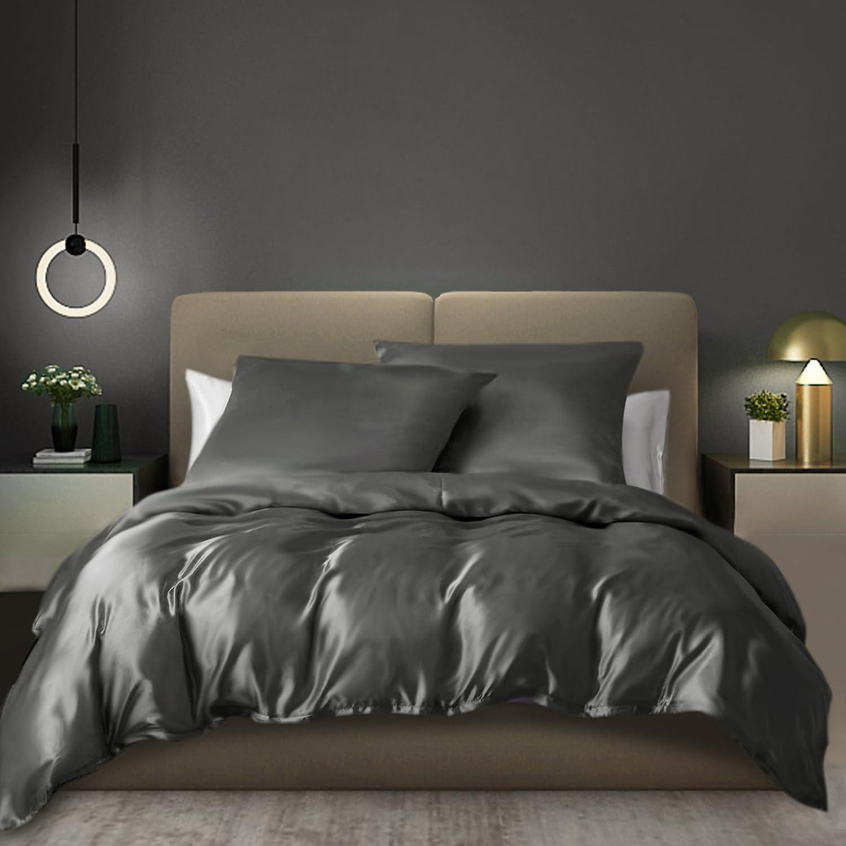 Satin Bettwäsche Set 135x200cm Grau 4-teilig Luxus Bettbezug
