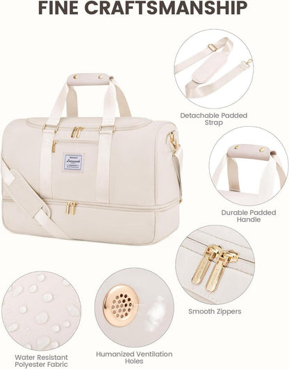 LOVEVOOK Sporttasche 50L Reisetasche mit Schuhfach & Nassfach, Wasserdichte Gym Bag für Sport Reisen - Beige