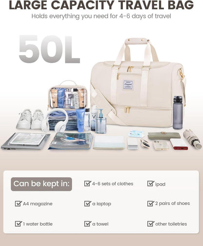 LOVEVOOK 50L Sporttasche Reisetasche Weekender Wasserdicht Beige